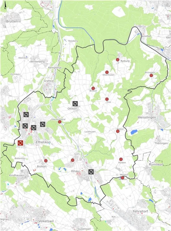 Man sieht eine Karte von Illnau-Effretikon mit den markierten Standorten der mobilen Abfallsammelstelle.